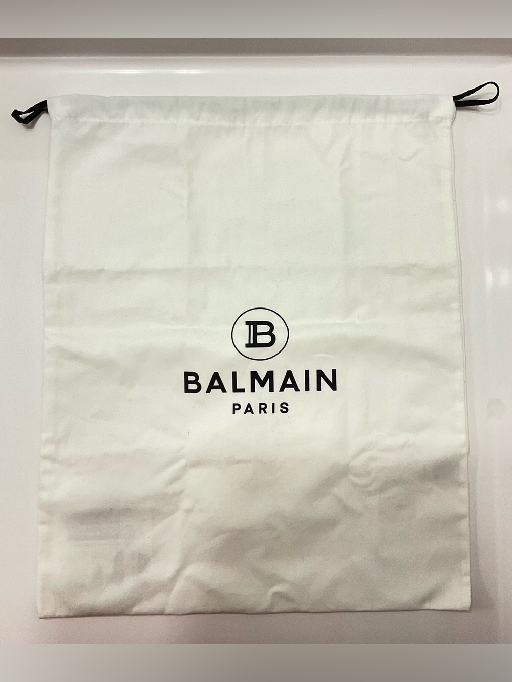Balmain White Cotton Drawstring Dust Bag with Black Logo